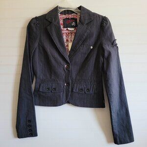 Billabong Denim Blazer Womens Small Black Pinstripe Patch Crest Academia Preppy